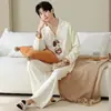 Algodón Puro2026 Nuevo Otoño Dibujos Animados Cuello Solapa Cárdigan Pijama para Hombre Manga Larga Pantalón Largo Conjunto para Estar en Casa