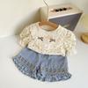Ai Le Rabbit 2023 Primavera e Verão Nova Menina Top Floral Fofo com Shorts Jeans Bordados Conjunto de Duas Peças