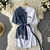 Vestido Color Block Manga Curta Feminino Plus Size 2026, Vestido de Malha para Férias Solto e Emagrecimento, Único e Não Produzido em Massa