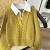 Suéter de Punto Trenzado con Cuello de Camisa Estilo Coreano Falso Dos Piezas para Mujer, Suéter Interior de Punto Holgado y Relajado, Top de Mujer de Moda para Otoño e Invierno