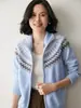 Suéter de Cashmere Jacquard com Zíper Meia-Gola 2026 Outono e Inverno Novo Estilo Cardigã de Lã com Lapela Feminino Casaco Colorido Estilo Suave