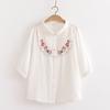 Camisa de Gaze de Algodão para Bebê com Bordado Artístico de Manga Três Quartos para Mulheres, Verão Macia e Amiga da Pele Respirável Solta Linha A Camisa Boneca Yz