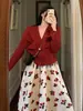 Traje de Vestido de Maternidad Otoño e Invierno Año Nuevo Cárdigan Rojo Estampado Tejido Moda Ropa de Invierno Ropa de Año Nuevo Conjunto de Dos Piezas
