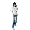 Nuevos jeans de marca de moda con parche de cuero de llama cruzada lavada para hombre, moda versátil casual de pierna recta holgada de la calle
