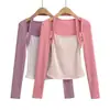 Camiseta de manga larga ajustada con retazos rosa melocotón, imitación de dos piezas, para mujer, otoño 2026, dopamina, chic americano, top de chica popular