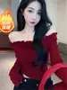 Camiseta Básica Popular de Estilo Francés sin Hombros de Manga Larga Ajustada Estilo Chica Picante Puro Deseo con Volantes