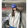 Sudadera con capucha a rayas de bloques de color retro americano para hombre y mujer, chaqueta rígida de otoño de alta resistencia, chaqueta cárdigan de cuello alto para pareja