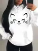 Moletom Feminino Longo de Lã para Primavera 2026 Moda Outono Inverno Moletom Casual Feminino com Bolso e Design de Gato Feliz