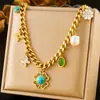 Moda transfronteiriça novo retro corrente pesada concha branca borboleta margarida flor turquesa pingente colar de aço inoxidável