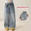 Em Estoque Roupas de Outono para Meninas Jeans Estilo Coreano Perna Reta Versátil Calça de Perna Larga Popular Mais Vendido Calça com Strass Céu Estrelado