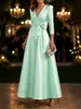 2026 Elegante Vestido de Noche de Satén con Escote en V y Mangas Tres Cuartos, Corte A, Ceñido a la Cintura, Formal para Banquetes, Novia, Vestido de Boda