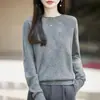 Suéter de malha sem costura em lã fina e lã de iaque para mulheres, gola redonda, quente para outono e inverno, caimento solto, adequado como camada base.
