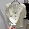 Camisa Chic Estilo Francés para Mujer, Top Corto de Cuello V, Nueva Camisa de Verano 2025 de Acetato con Manga Corta Abullonada Única