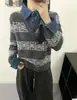 Suéter Pulóver de Mezclilla Patchwork Estilo Europeo con Cuello Solapa 2026 Nuevo Diseño de Primavera Top Tejido Jacquard para Mujer