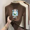 Camiseta interior base de forro polar de doble cara para niñas, nueva camiseta casual versátil con estampado de dibujos animados, camiseta de cuello alto a la moda