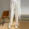 Calça larga de cetim de seda simulada para mulheres, nova calça casual reta estilo chinês retrô solta com pregas texturizadas e tecido de acetato