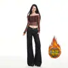 Jeans Flare Americano Retrô Espesso Quente com Forro de Fleece Outono Inverno Não Elástico de Cintura Baixa Comprimento Total para Mulheres