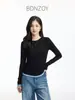 Nova blusa básica Tencel com lã, manga longa, gola redonda, perfeita para o início do outono, uma camiseta versátil e casual para mulheres