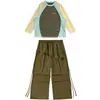 Roupa de performance de dança de rua hip-hop infantil, conjunto unissex de manga longa color block verde oliva, roupas hiphop descoladas e estilosas