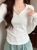 Camiseta de Manga Larga con Cuello Polo para Mujer, Capa Base, Estilo Nuevo Primavera Otoño, Hombro Normal, Cintura Fruncida, Petite, Top Interior