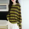 Colección nueva otoño/invierno 2026 transfronteriza: Suéter de lana de punto fino con cuello redondo, manga larga, para mujer, con bloques de color, rayas y base acanalada