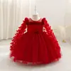 Nuevo Vestido de Manga Larga con Mariposas para Niña de Un Año Vestido de Malla con Flores Estereoscópicas Esponjosas de Princesa para Niños Vestido de Bautizo para Niña