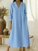 Transfronterizo 2026 Europeo y Americano Primavera Nuevo Casual Cuello en V Algodón y Lino Manga Larga Línea A Vestido Simple Holgado Largo