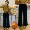 Calça de Malha Forrada com Fleece Preta Franzida para Maternidade Calças Sociais Retas Grossas de Inverno Petite Elástica Cropped Calças Casuais