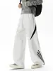 Pantalones de chándal a rayas de bloques de color de peso pesado estilo americano, unisex, colección de otoño, pantalones casuales retro blancos y grises, pantalones largos de pierna recta holgados de moda