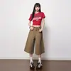 Jeans Cortos Retro Sueltos de Cintura Alta Color Caqui para Mujer Primavera 2026 Nuevos Pantalones de Pierna Ancha Casual Estilo Americano Adelgazantes