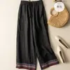 Calça de Linho de Algodão Bordada com Caimento Amplo para Mulheres 2026 Nova Coleção Primavera/Verão Calça Reta Solta Versátil Cintura Alta Emagrecedora Calça Casual