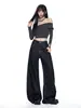 Jeans para mulheres com design de botão parisiense e barra curva, novo modelo outono 2026, cós traseiro ajustável, calça de perna larga
