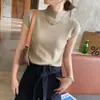 Camiseta de Manga Corta con Cuello Medio para Mujer, Nueva de Primavera y Verano, Ajustada, Suéter de Manga Corta, Camisa de Punto Base con Cuello Medio