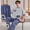 Pijama masculino estiloso e bonito de manga curta 100% algodão, conjunto fino de gola redonda, roupa de casa casual de corte solto, novo modelo de verão 2026