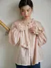 Camisa Feminina Nov Elit Manga Longa com Gola Laço e Babados, Estilo Francês Rosa Elegante de Alta Qualidade