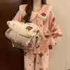Pijama de Fleece Coral para Mulheres, Espessado Outono/Inverno Fofo Flanela Roupa de Casa, Pode Ser Usado Fora, Conjunto de Robe Cardigan de Manga Longa
