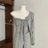 """Curva de Oxígeno"" figura en S pechos grandes cintura pequeña glúteos firmes top sin tirantes de Lyocell + cárdigan + pantalones largos acampanados"