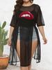 Camiseta de Manga Larga Irregular Sexy de Malla Transparente con Estampado de Labios para Mujer Tallas Grandes de Verano Europeo y Americano