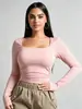 2026 Transfronterizo Europeo y Americano Amazon Mujer Nueva Moda Cómodo Casual Ajuste Delgado Cuello Cuadrado Manga Larga Top Corto Camiseta