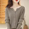 Cárdigan de canalé Camiseta de manga larga para mujer Otoño Invierno Nuevo Suéter Capa base Ropa elegante para mujer Top de punto Negro