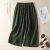 Pantalones anchos de algodón y lino estilo retro japonés para mujer, estilo simple de verano, pantalones casuales versátiles para ir al trabajo, cintura elástica, pantalones cropped