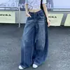 Calça jeans feminina de outono estilo retrô americano, bainha curva, perna larga, lavada, solta, reta, nova, afina a silhueta, cintura alta, comprimento total
