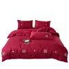 Juego de Cuatro Piezas para Boda Adorno de Encaje Bordado Funda Nórdica Roja Grande Juego de Cuatro Piezas Dote Ropa de Cama de Boda de Alta Calidad