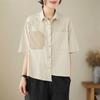 Verão 2025 Literário Solto Emagrecimento Algodão Camisa de Manga Curta Casual Tamanho Grande Patchwork Top Moderno