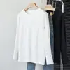 Camiseta de Base Branca de Algodão Puro Simples para Mulheres, Estilo Novo 2026, Camisa de Manga Longa Solta para Usar por Baixo