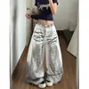 Calça jeans branca destroyed com tingimento sujo para mulheres, novo estilo de verão 2026, calça pantalona larga de corte solto, comprimento até o chão