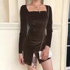 Vestido Outono Novo Cor Pura Veludo Coreano Transfronteiriço Europeu e Americano C96233 Estilo Sexy Decote U Decote Redondo Fenda