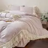 Estilo Princesa Francesa Juego de Cama de Cuatro Piezas 100% Algodón Lujo Ligero Retro Algodón Puro con Ribete de Encaje Funda Nórdica Estilo Falda de Cama Ropa de Cama para Dormitorio Principal