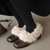 ¡Stock disponible y enviado en segundos! Punta Cuadrada Sin Cordones Retro Terciopelo Cálido Mary Jane Zapatos Pequeños de Cuero Plataformas de Tacón Grueso Zapatos Peludos para Mujer