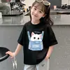 Camisetas Infantis de Algodão Puro Tendência Moda Manga Curta para Meninas, Marca da Moda Tendência Solta Gola Redonda Manga Meia Manga Roupas Infantis para Meninas